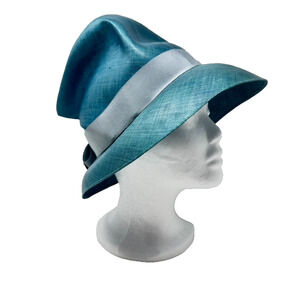 Vintage Neiman Marcus Roger Heim Paris Blue Hat Cloche Straw Gray Ribbon 1950s